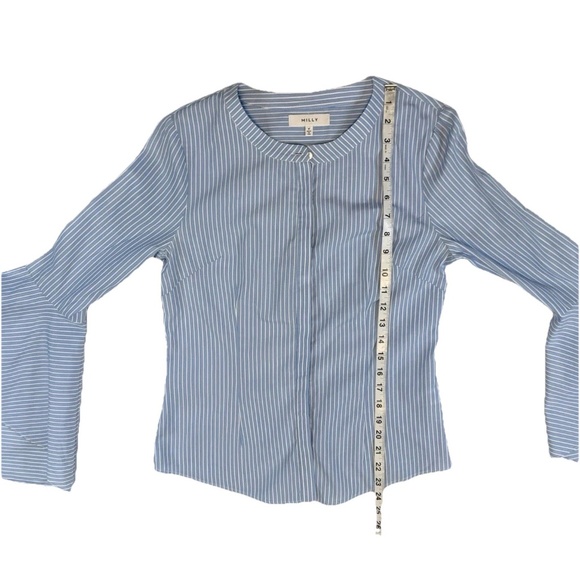 MILLY Women Size 4 Michelle Blue White Stripe Bell Sleeve Cotton Blouse USA - Picture 5 of 13